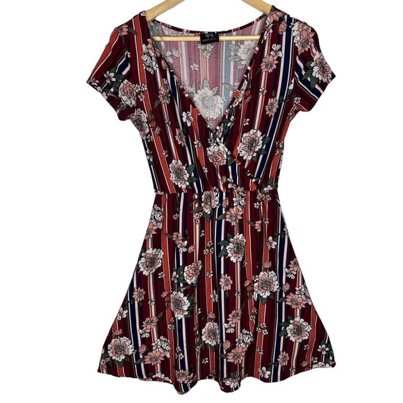 Derek Heart Soft Floral striped Faux Wrap V-Neck Flowy Dress Medium - Picture 1 of 8